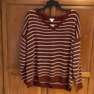 LuLaRoe Maroon and Cream Striped V-Neck Sweater